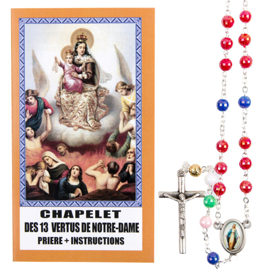Chapelet de dévotion des 13 vertus de Notre-Dame avec notice explicative, livré en sachet individuel.