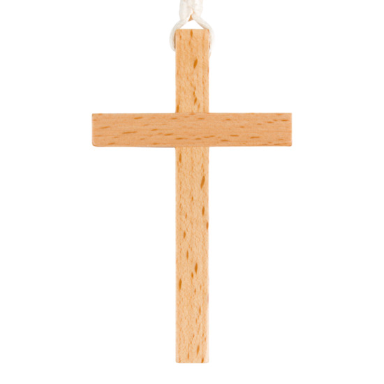 Croix d'aube en bois clair vernis 9 cm avec cordon blanc 60 cm.