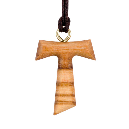 Croix de Tau en bois d'olivier H. 3 cm avec cordon cuir 70 cm.