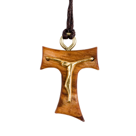 Croix de Tau bois d´oliver avec Christ moderne en métal couleur dorée H. 2 cm cordon 70 cm.