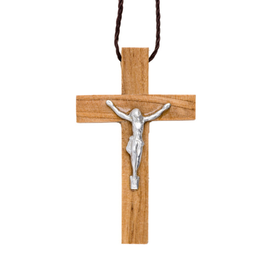 Croix de cou en bois d'olivier de Jérusalem avec Christ métal H. 4 cm avec cordon 70 cm.