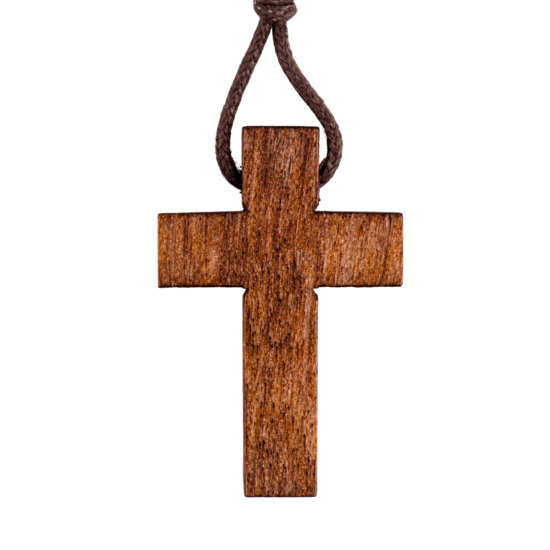 Croix de cou en bois de couleur H. 3 cm avec cordon 70 cm.