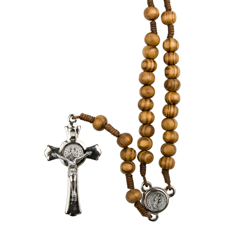 Chapelet de saint Benoît sur corde avec fermoir grains en bois d'olivier Ø 8 mm, longueur au cœur 24 cm, croix de saint Benoît.