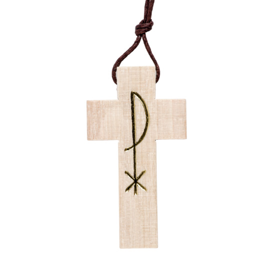 Croix de cou en bois de couleur naturelle avec PAX imprimé H. 4,5 cm avec cordon 70 cm.