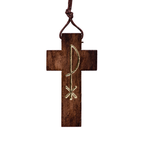 Croix de cou en bois de couleur marron avec PAX imprimé H. 4,5 cm avec cordon cuir 70 cm.