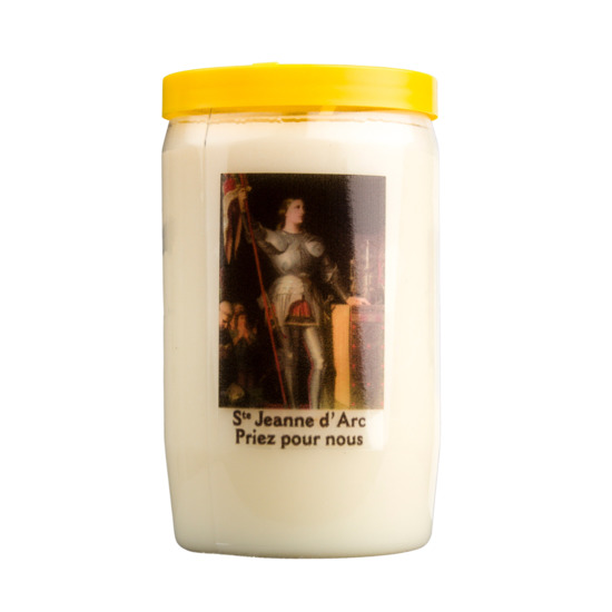 Veilleuse blanche 3 jours Ø 5,8 cm  h. 9,7 cm avec autocollant de Jeanne d'Arc