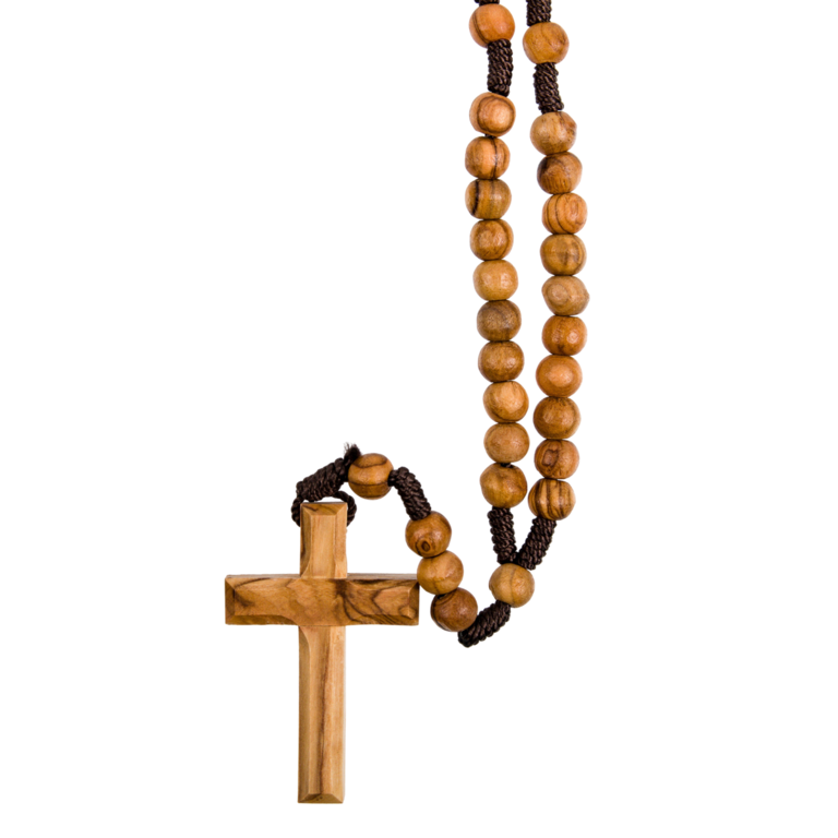 Rosaire grains en bois d'olivier (20 dizaines) sur corde, Ø 7 mm, longueur au cœur 112 cm, croix en bois d'olivier.