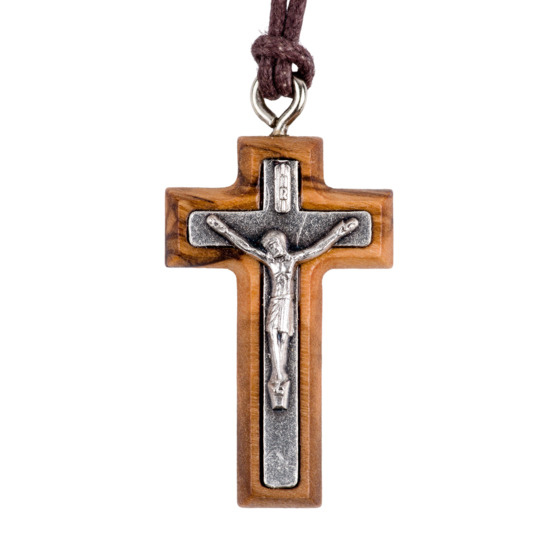 Croix de cou en bois d'olivier avec Christ métal incrusté H. 3 cm avec cordon cuir 70 cm.