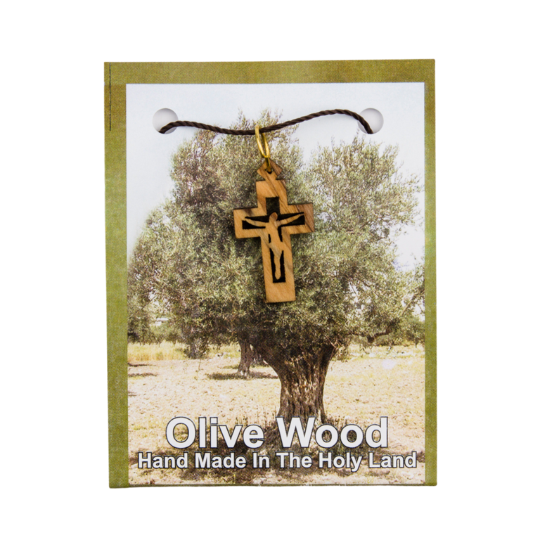 Croix de cou en bois d'olivier de Jérusalem avec Christ évidé H. 2,5 cm avec cordon 70 cm sur carte présentoir.