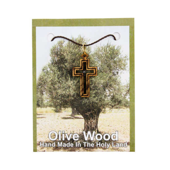 Croix de cou évidée en bois d'olivier de Jérusalem H. 2,5 cm avec cordon 70 cm sur carte présentoir.