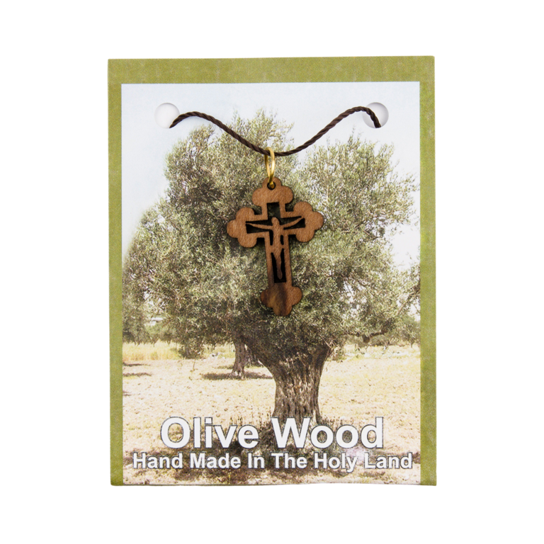 Croix de cou orthodoxe en bois d'olivier de Jérusalem Christ évidé H. 2,5 cm avec cordon 70 cm sur carte présentoir.