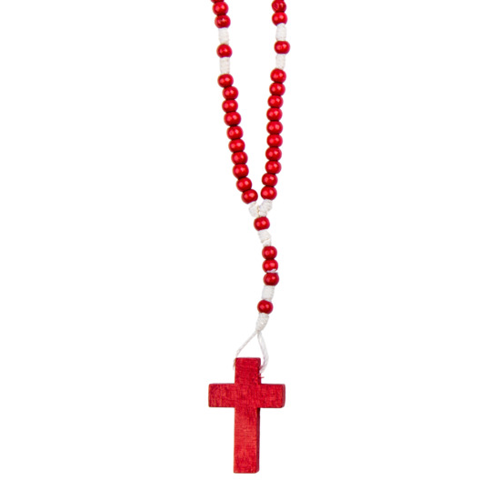 Mini chapelet sur corde blanche grains en bois de couleur Ø 4 mm, longueur au cœur 10 cm, croix en bois.
