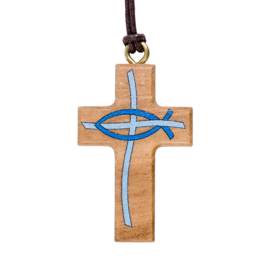 Croix de cou en bois d'olivier Ichtus imprimé en bleu H. 3,5 cm avec cordon cuir 70 cm.