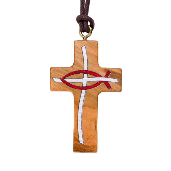 Croix de cou en bois d'olivier Ichtus imprimé en rouge H. 3,5 cm avec cordon cuir 70 cm.