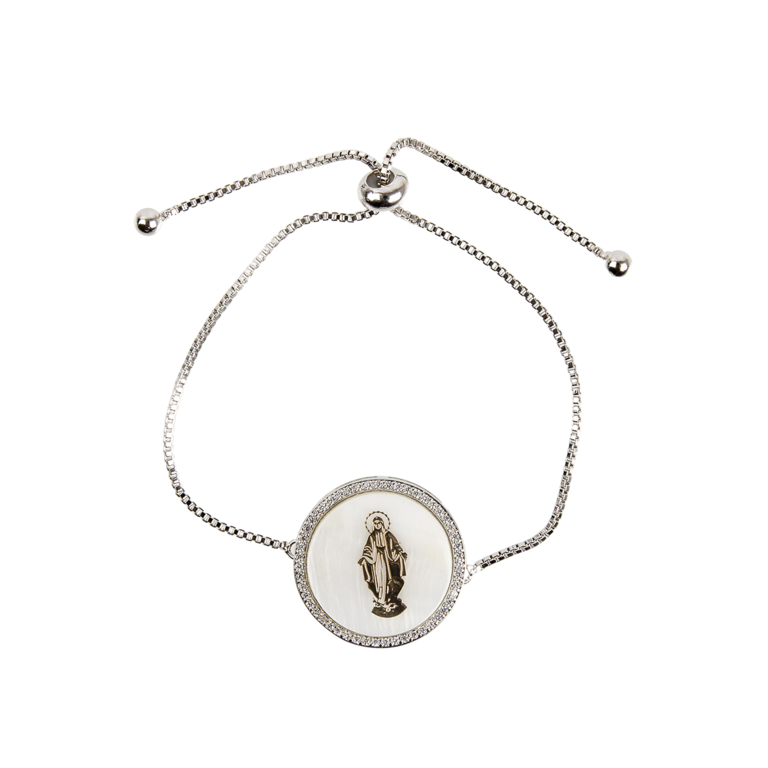 Bracelet sur chaîne réglable en acier inoxydable avec médaille nacre et Vierge Miraculeuse