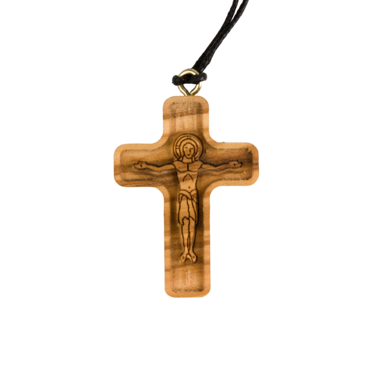 Croix de cou en bois d'olivier avec Christ gravé H. 3,7 cm avec cordon cuir 70 cm.