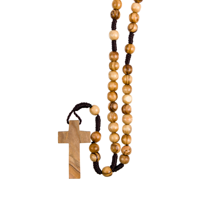 Chapelet sur corde grains en bois d'olivier de Terre Sainte Ø 7 mm, longueur au cœur 25 cm, croix bois d'olivier.