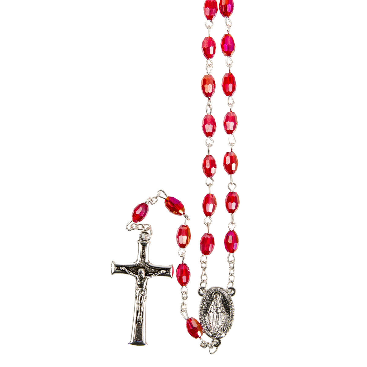 Chapelet grains semi-cristal, Ø 7 mm, chaîne couleur argentée, longueur au cœur 40 cm, croix avec Christ.
