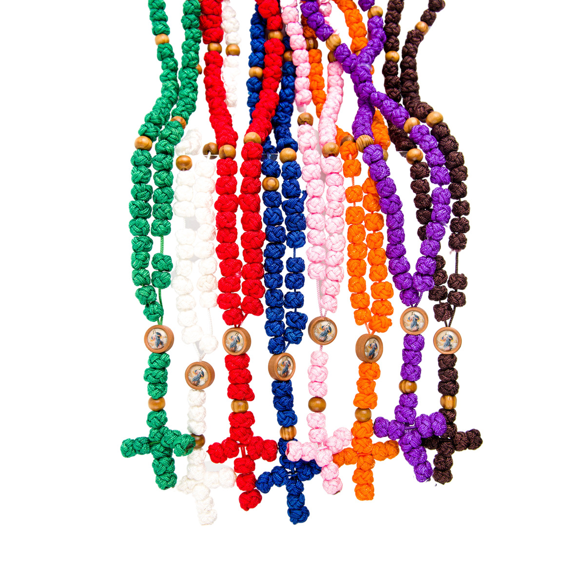 Chapelet de Marie qui défait les noeuds sur corde en forme de noeuds Ø 10 mm, longueur au cœur 18 cm, avec livret de neuvaine.