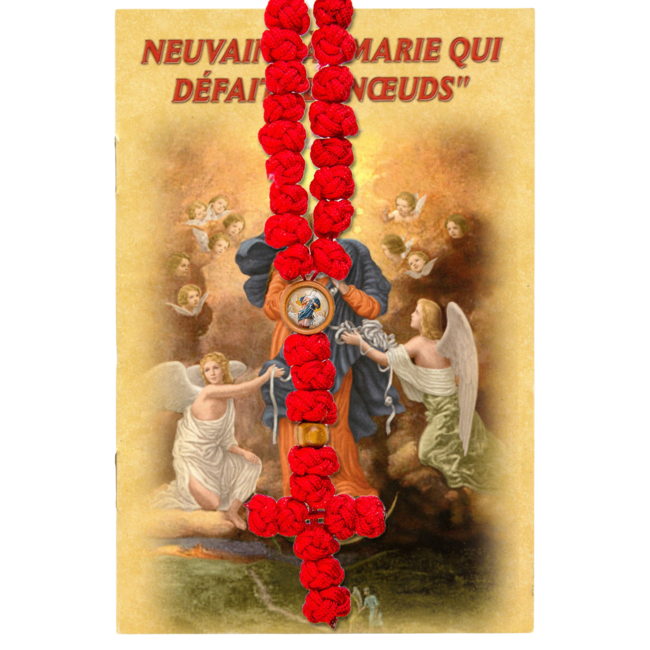 Chapelet de Marie qui défait les noeuds sur corde en forme de noeuds Ø 10 mm, longueur au cœur 18 cm, avec livret de neuvaine.