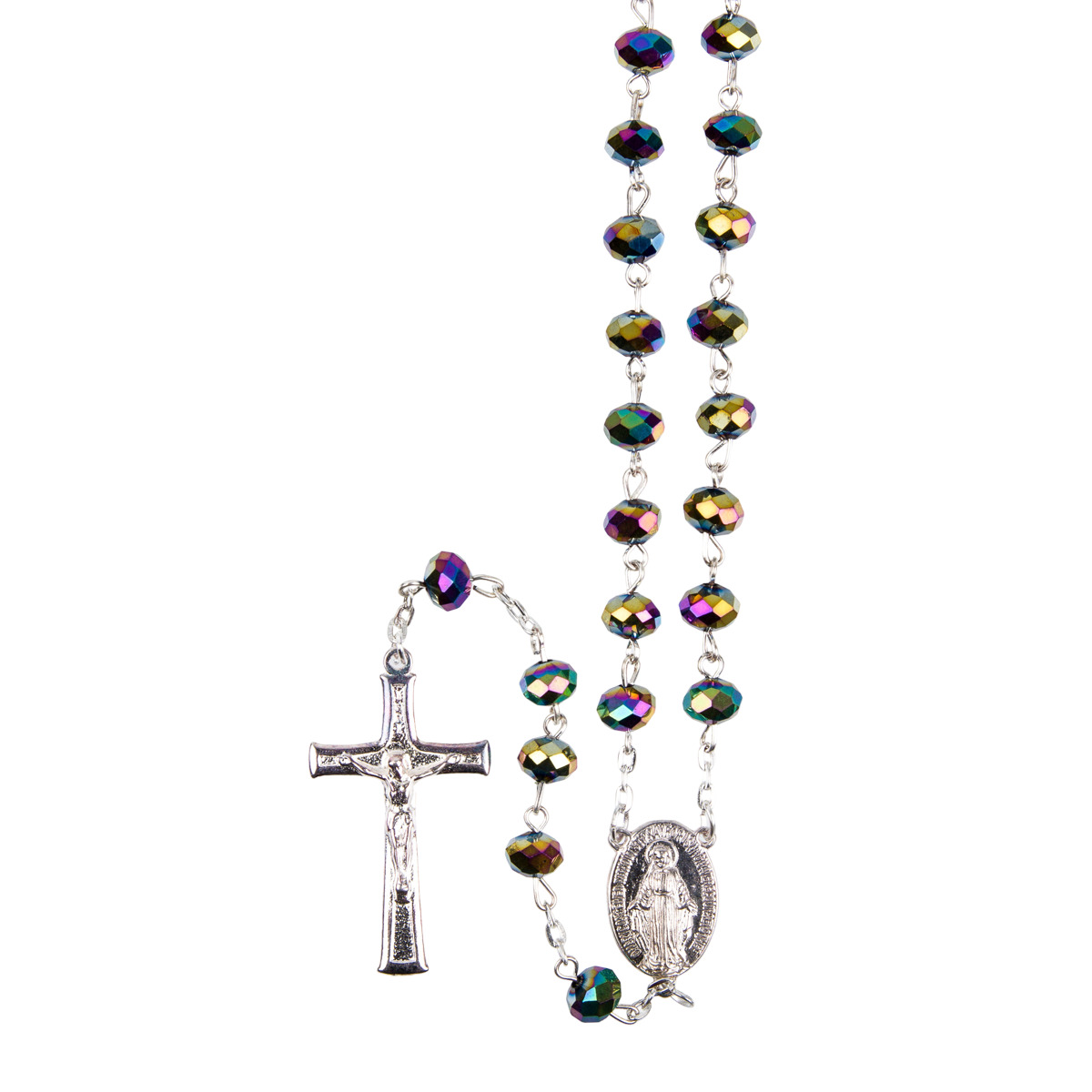 Chapelet grains en verre à facettes, Ø 9 mm, chaîne couleur argentée, longueur au cœur 33 cm, croix avec Christ.