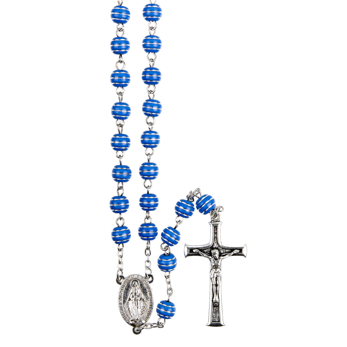 Chapelet grains striés argentés, Ø 7 mm, chaîne couleur argentée, longueur au cœur 32 cm, croix avec Christ.