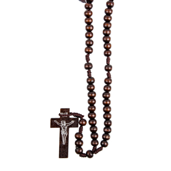 Chapelet sur corde grains en bois Ø 7 mm, longueur au coeur 18 cm, croix avec Christ imprimé.