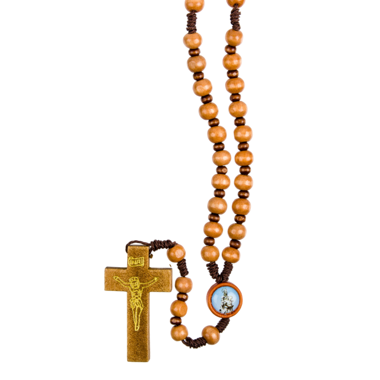 Chapelet sur corde avec fermoir grains en bois Ø 7 mm, longueur au cœur 25 cm, coeur résine, croix avec Christ imprimé. 