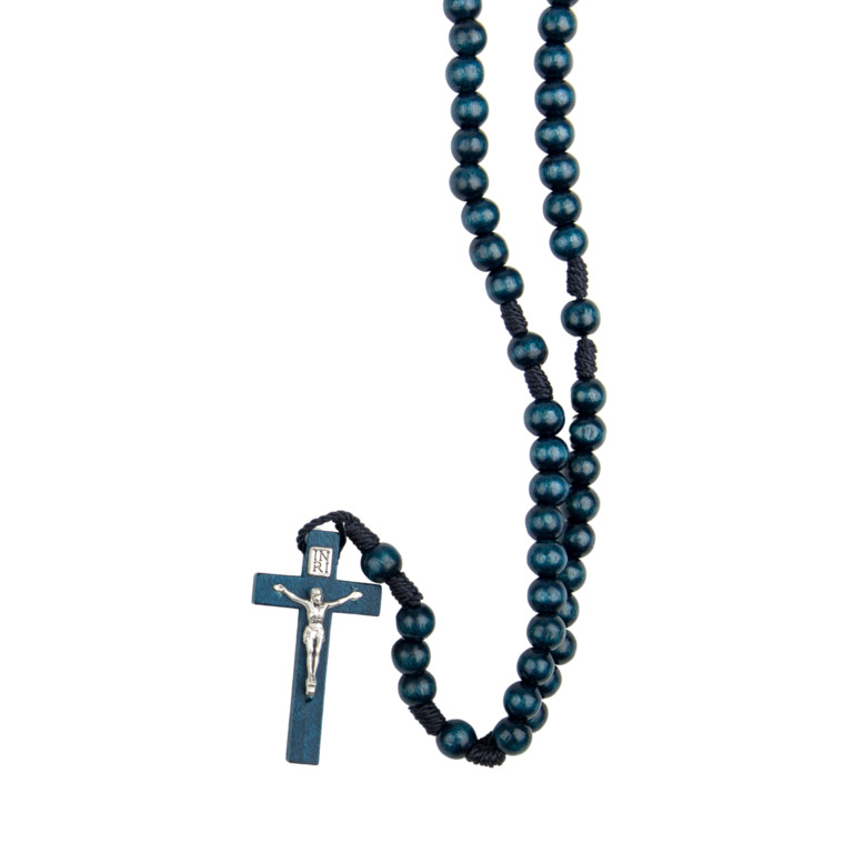 Chapelet grains en bois de couleur sur corde, Ø 7 mm, longueur au cœur 19 cm, croix avec Christ métal. 