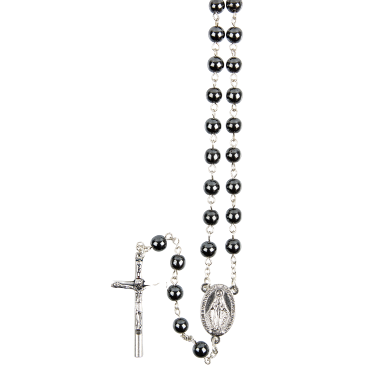 Chapelet grains en hématite, Ø 7 mm, chaîne couleur argentée, longueur au cœur 30 cm, croix avec Christ.