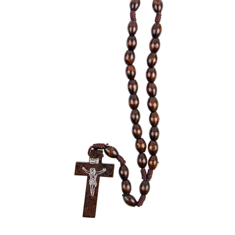 Chapelet sur corde grains en bois Ø 8 mm, longueur au cœur 26 cm, croix avec Christ imprimé.
