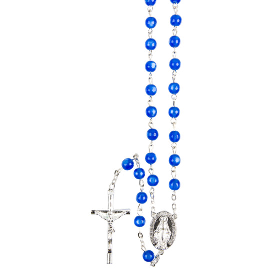 Chapelet grains saturne, Ø 5 mm, chaîne couleur argentée, longueur au cœur 30 cm, croix avec Christ.