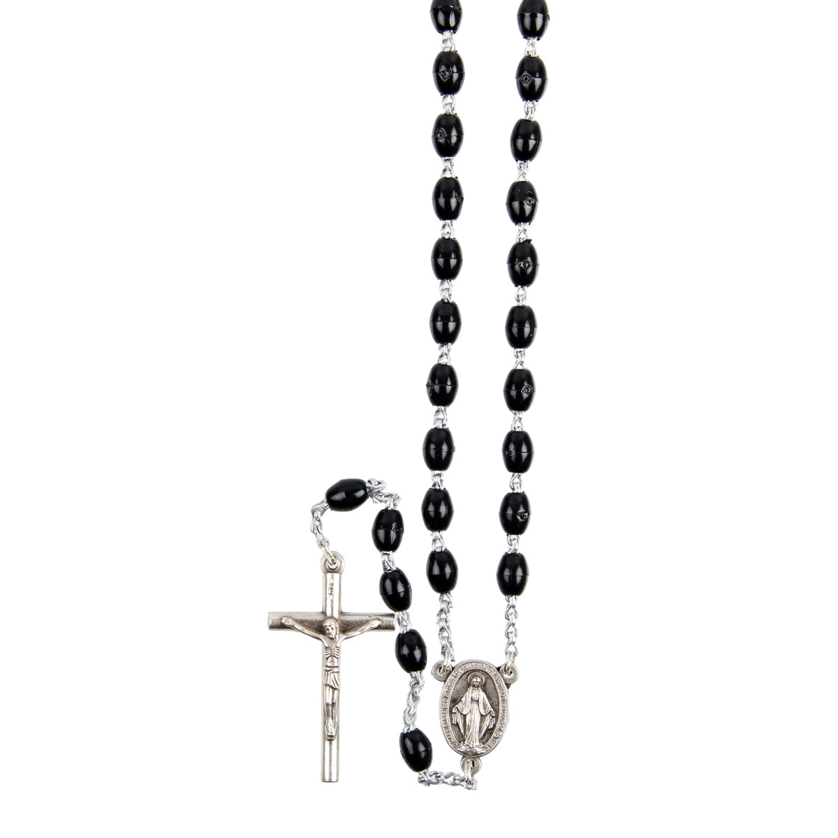 Chapelet sur chaine indécrochable couleur argentée grains en plastique ovales Ø 7 mm, longueur au cœur 31 cm, croix avec Christ.