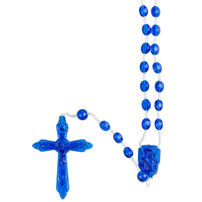 Chapelet sur corde grains en plastique transparents Ø 5 mm, longueur au cœur 29 cm, croix avec Christ.
