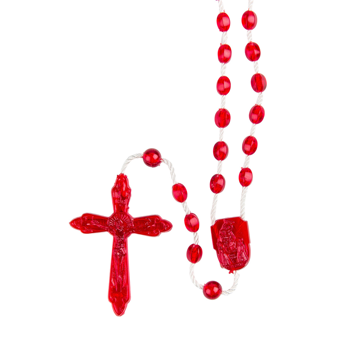 Chapelet sur corde grains en plastique transparents Ø 5 mm, longueur au cœur 29 cm, croix avec Christ.