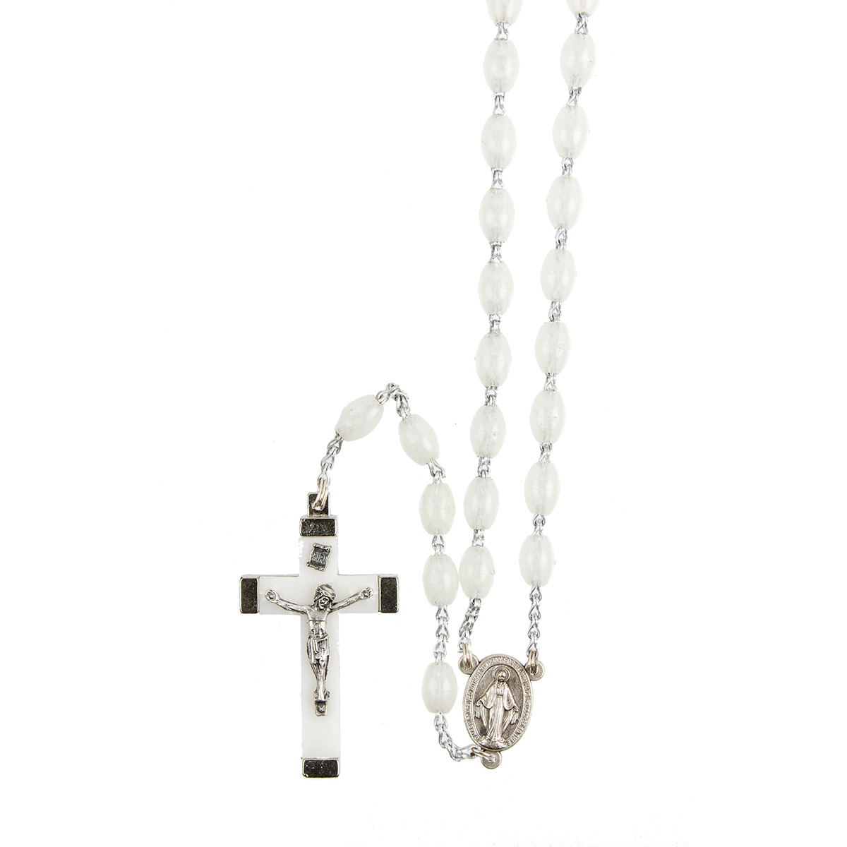 Chapelet sur chaine indécrochable couleur argentée grains plastique ovales Ø 8 mm, longueur au cœur 35 cm, croix avec Christ.