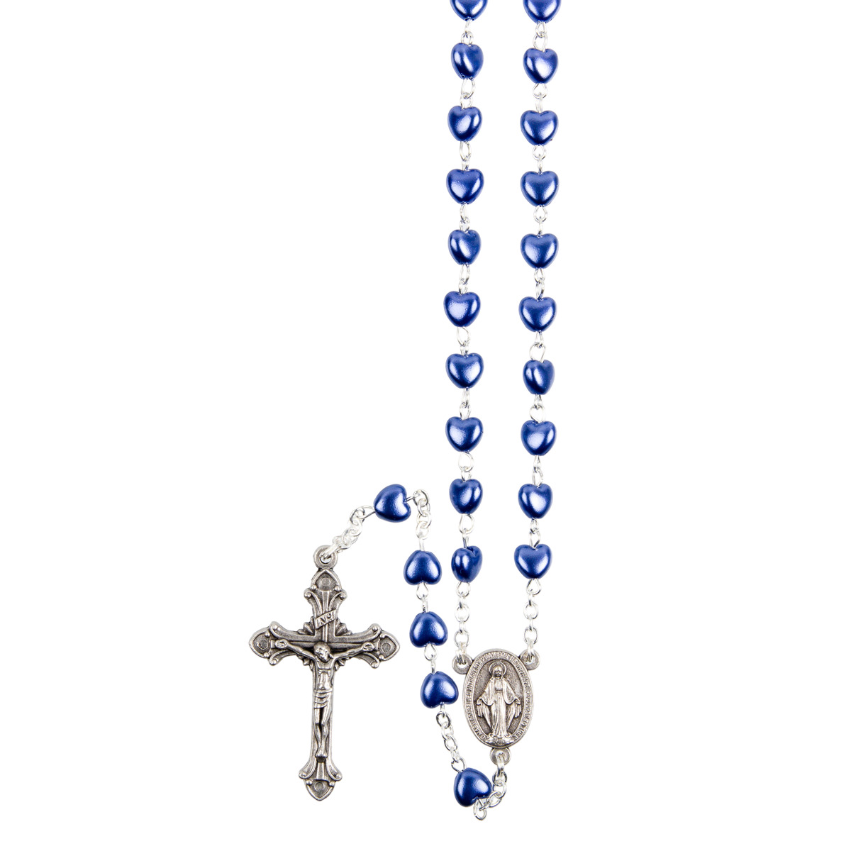 Chapelet grains forme coeur, Ø 7 mm, chaîne couleur argentée,  longueur au cœur 31 cm, croix avec Christ plus boîte.