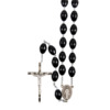 Chapelet gros grains plastique, Ø 10 mm, chaîne couleur argentée indécrochable, longueur au cœur 54 cm, croix avec Christ.