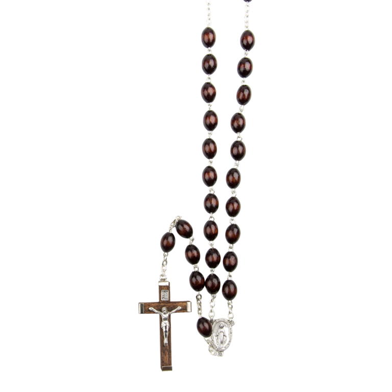 Chapelet grains en bois, Ø 8 mm, chaîne couleur argentée, longueur au cœur 40 cm, croix avec Christ.