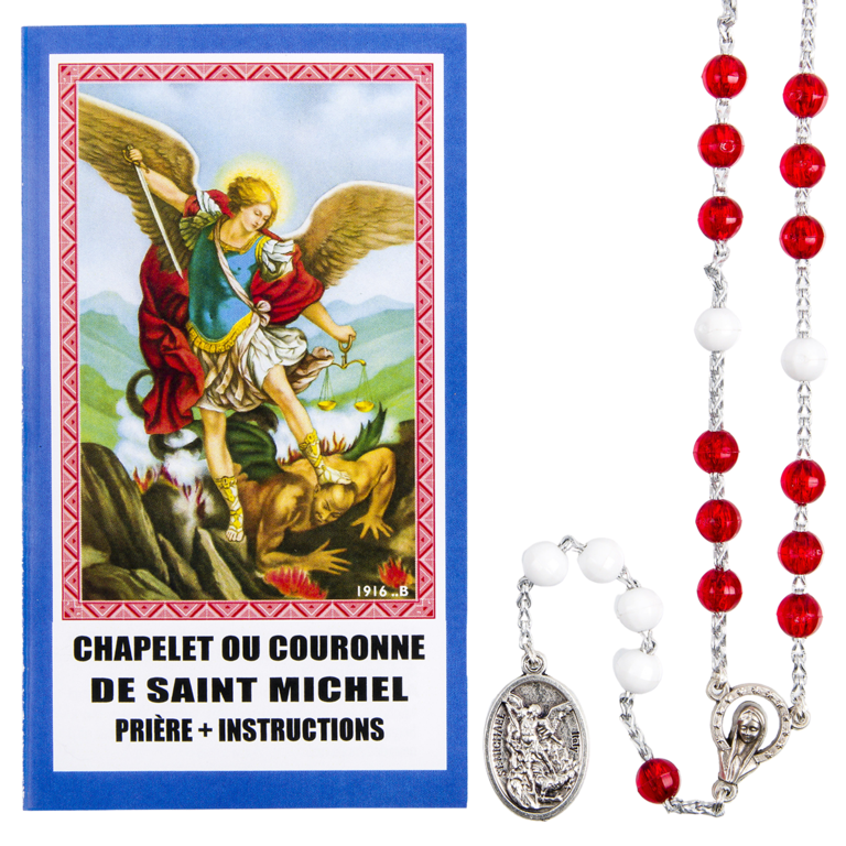 Chapelet de dévotion de saint Michel grains rouge et blanc avec notice explicative, livré en sachet individuel.
