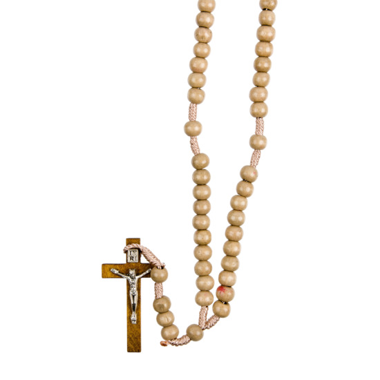 Chapelet sur corde grains en bois Ø 7 mm, longueur au cœur 20 cm, croix avec Christ métal. 