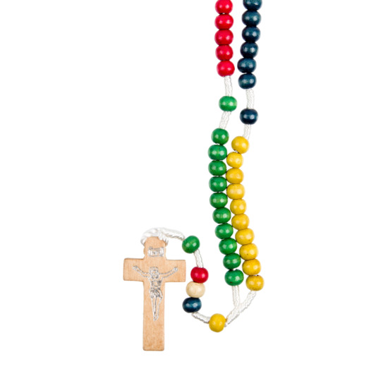 Chapelet des missions (5 continents) sur corde grains en bois Ø 7 mm, longueur au cœur 18 cm, croix avec Christ imprimé.