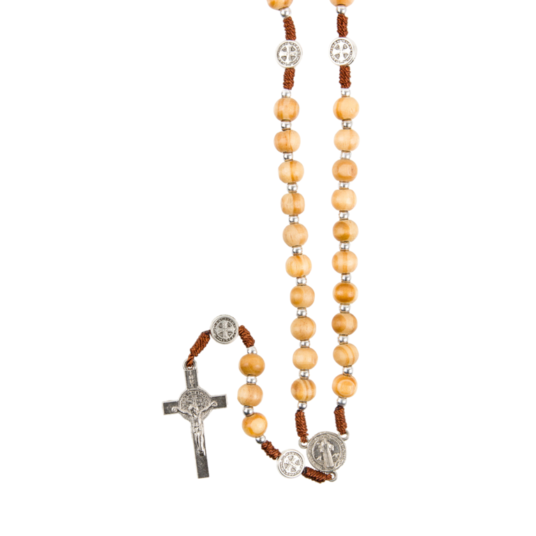 Chapelet de saint Benoît grains en bois clair sur corde avec fermoir, Ø 7 mm, longueur au cœur 30 cm, croix de saint Benoît.