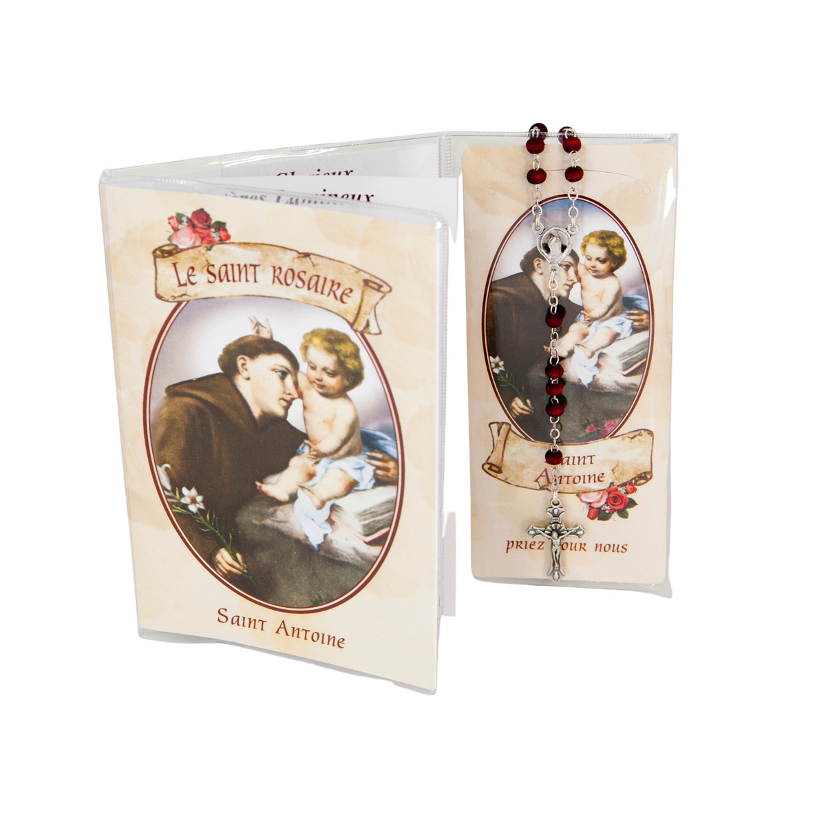 Ensemble livret du saint rosaire avec prière, chapelet parfumé à la rose Ø 4 mm, longueur au cœur 24 cm.