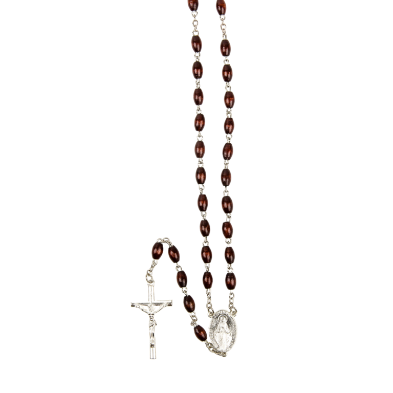 Chapelet grains en bois marron foncé, Ø 6 mm, chaîne couleur argentée, longueur au cœur 36 cm, croix avec Christ.