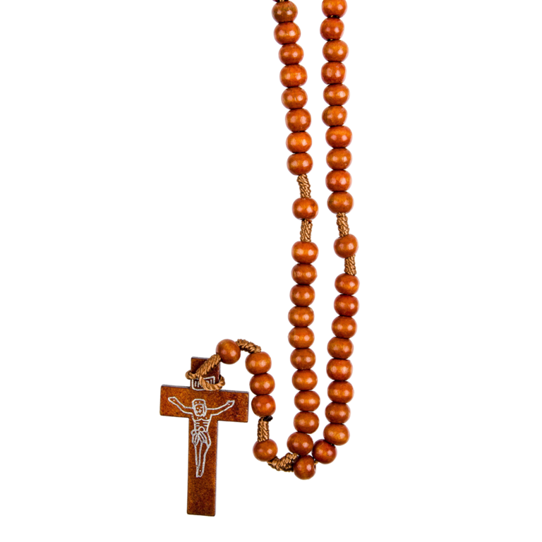 Chapelet sur corde grains en bois marron Ø 7 mm, longueur au cœur 20 cm, croix avec Christ imprimé.