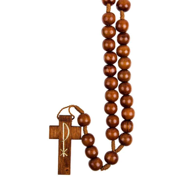 Chapelet sur corde avec fermoir grains en bois marron Ø 10 mm, longueur au cœur 29 cm, croix imprimée PAX. 
