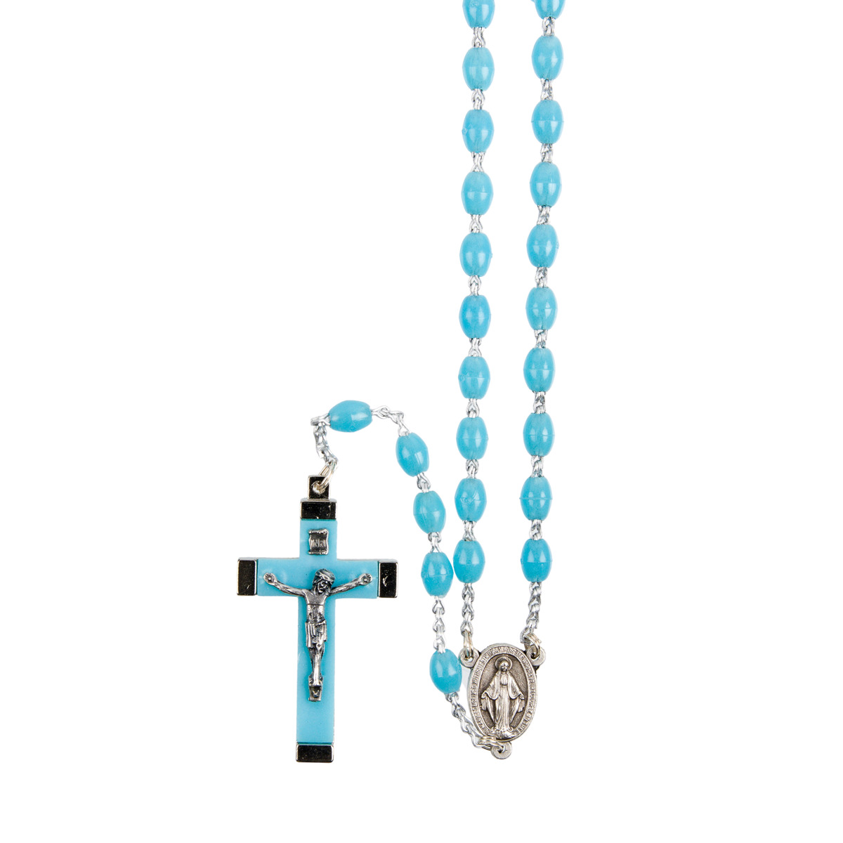 Chapelet sur chaîne indécrochable couleur argentée, grains ovales fluo, longueur au cœur 31 cm, croix avec Christ.
