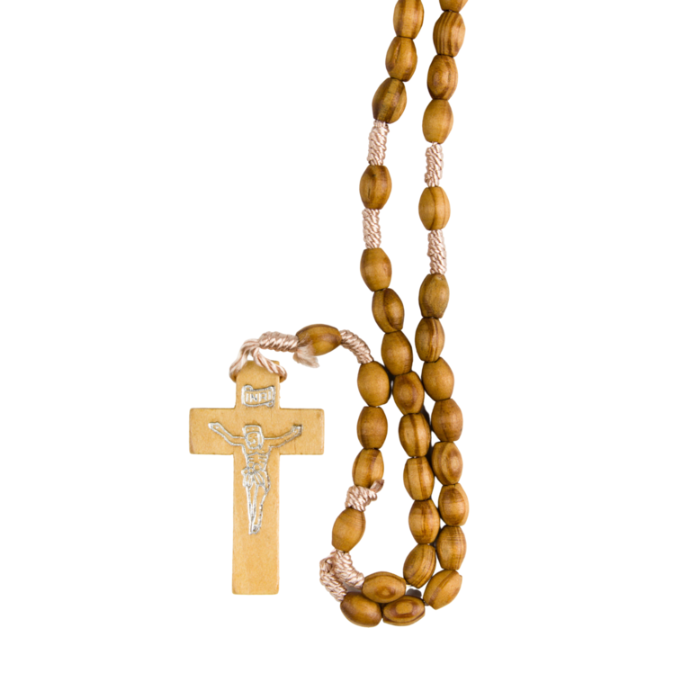 Chapelet sur corde grains en bois Ø 7 mm ovale, longueur au cœur 23 cm, croix avec Christ imprimé. 