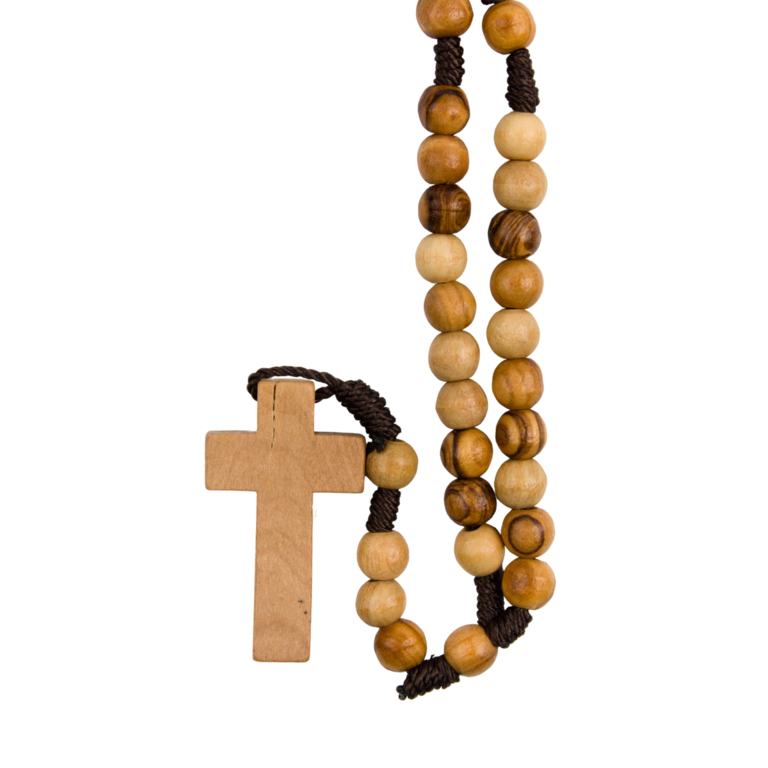Chapelet sur corde avec fermoir grains en bois d'olivier de Terre Sainte Ø 7 mm, longueur au cœur 25 cm, croix bois d'olivier.